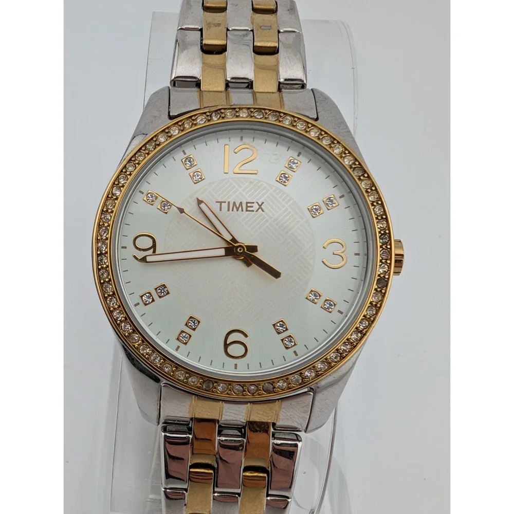 Timex Women 32mm Watch Two Tone Crystal Bezel T2P389 New Battery 7.5